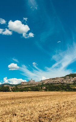 Trockene Felder mit kleiner Stadt auf einem Hügel im Hintergrund in Umbrien 